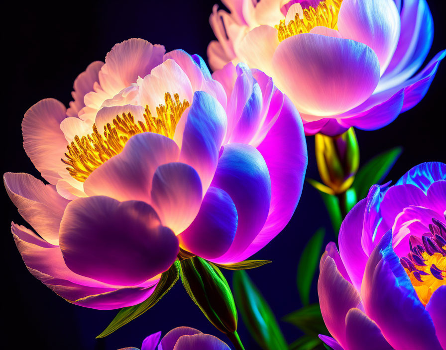 Colorful Peonies: Pink, Purple, and White Petals on Dark Background