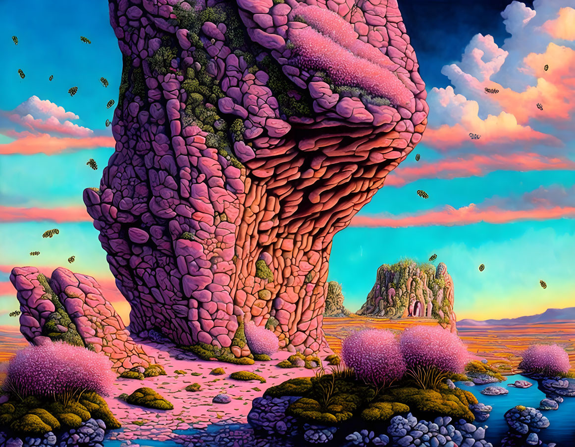 Whimsical landscape with pink tornado-like rock formation