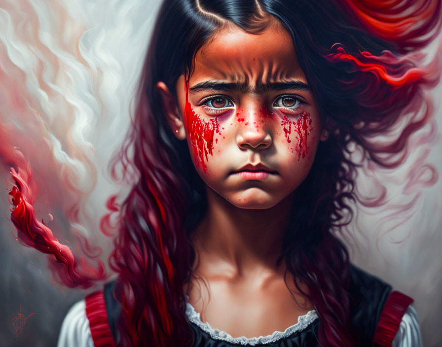 Digital Artwork: Young Girl with Intense Eyes and Fiery Red Hair