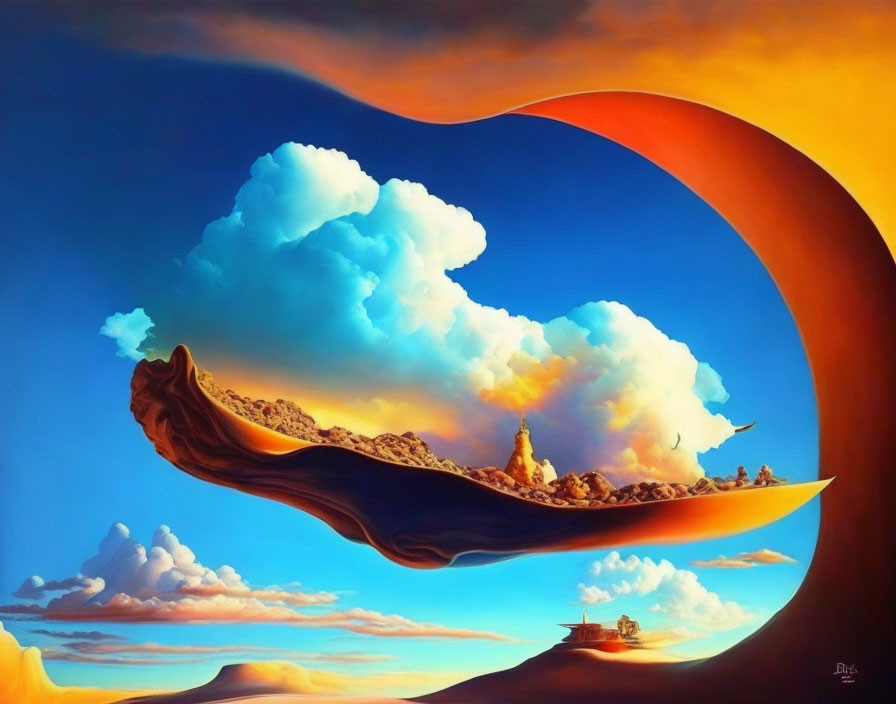 Surreal painting: ribbon landscape under vibrant sky