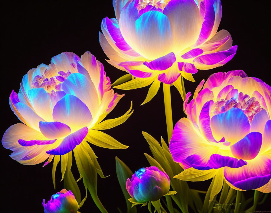 Neon-colored tulips on black background, surreal glowing floral display