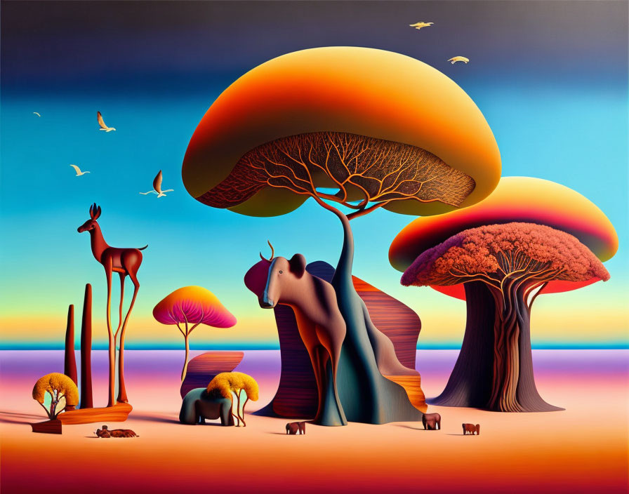 Vibrant surreal landscape with colorful trees and animals in gradient sky