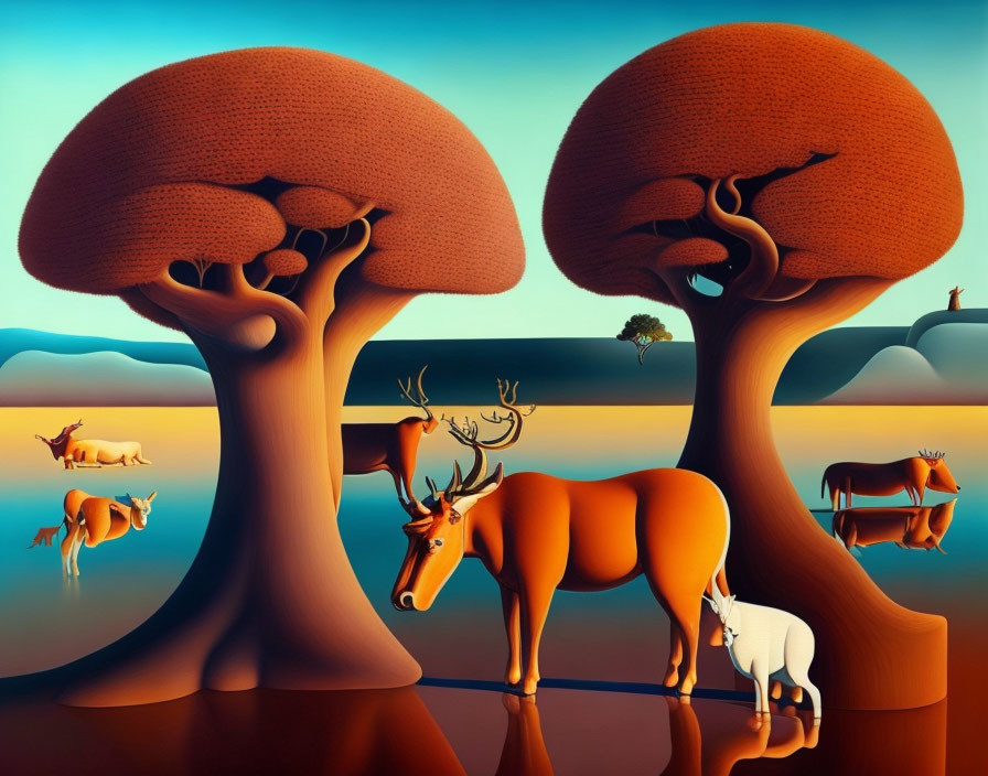 Surreal painting: Oversized trees, gazelles, elephant, antelope in sunset-lit