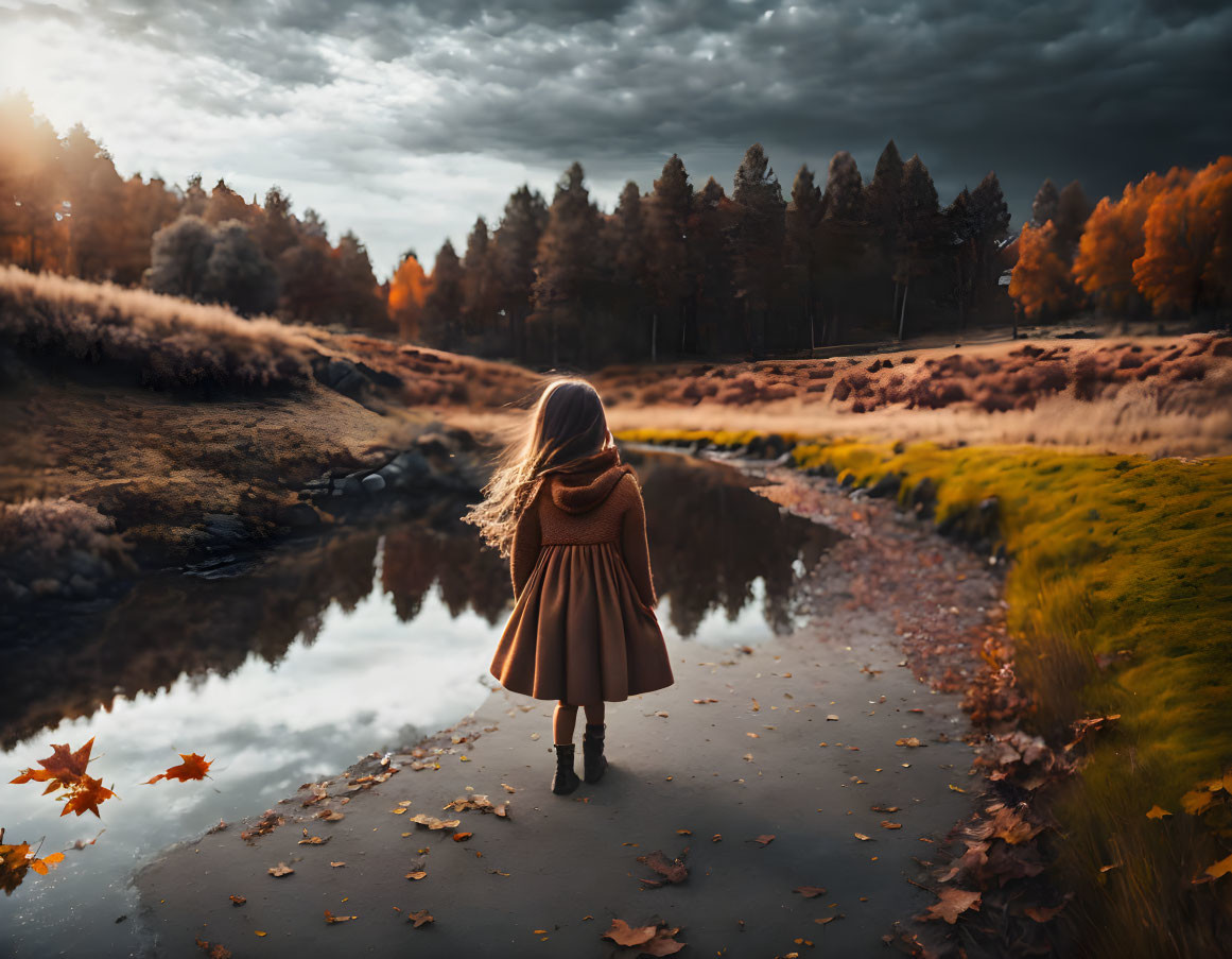 Young girl in coat by calm river in vibrant autumn scene