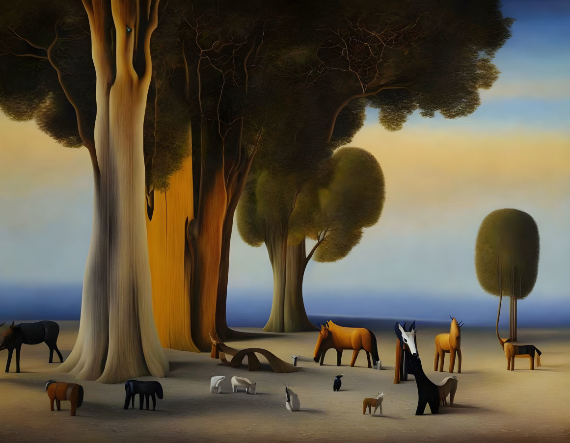 Surreal landscape with stylized trees and animals in dreamlike setting