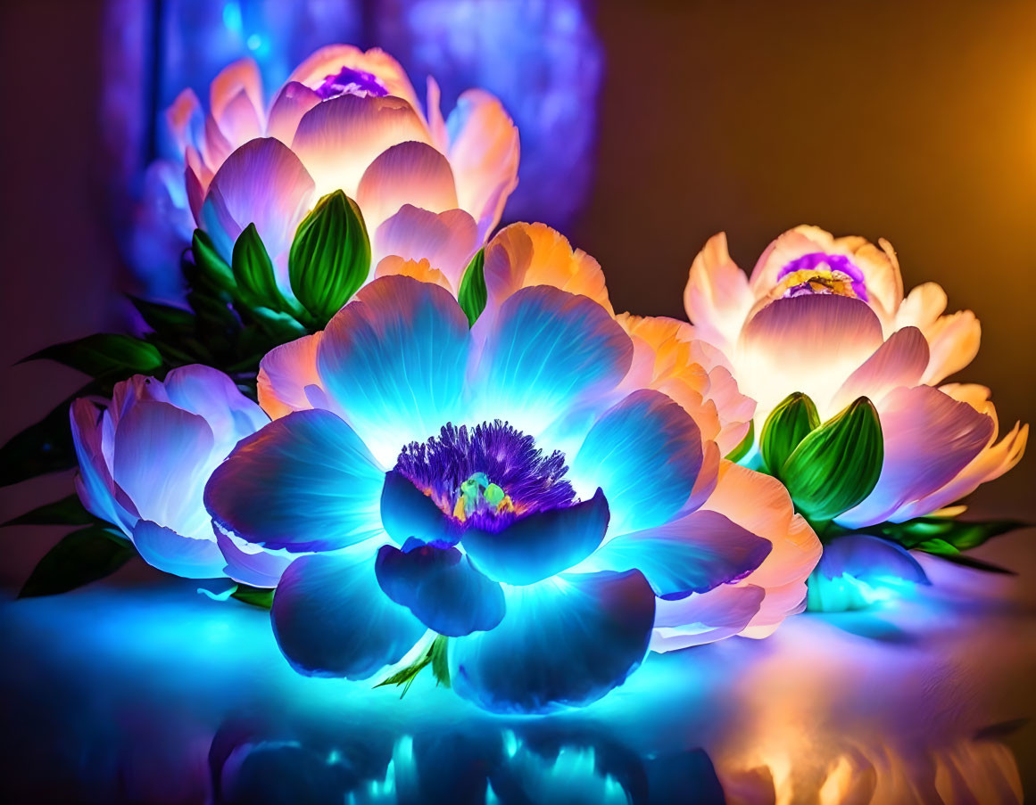 Vibrant blue and purple artificial flowers in warm, mystical setting