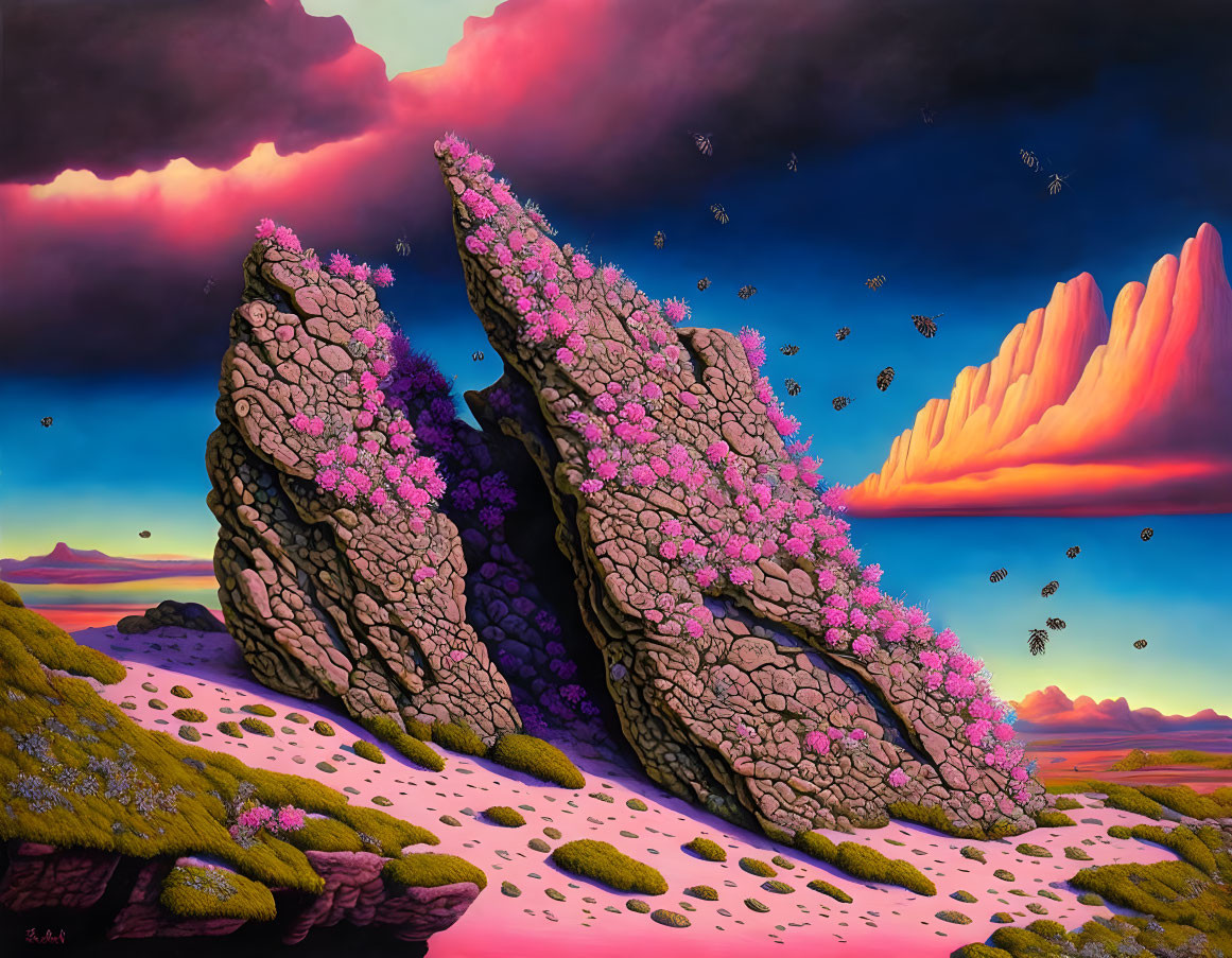 Colorful surreal landscape with pink-flowered rocks, butterflies, and a desolate ground.