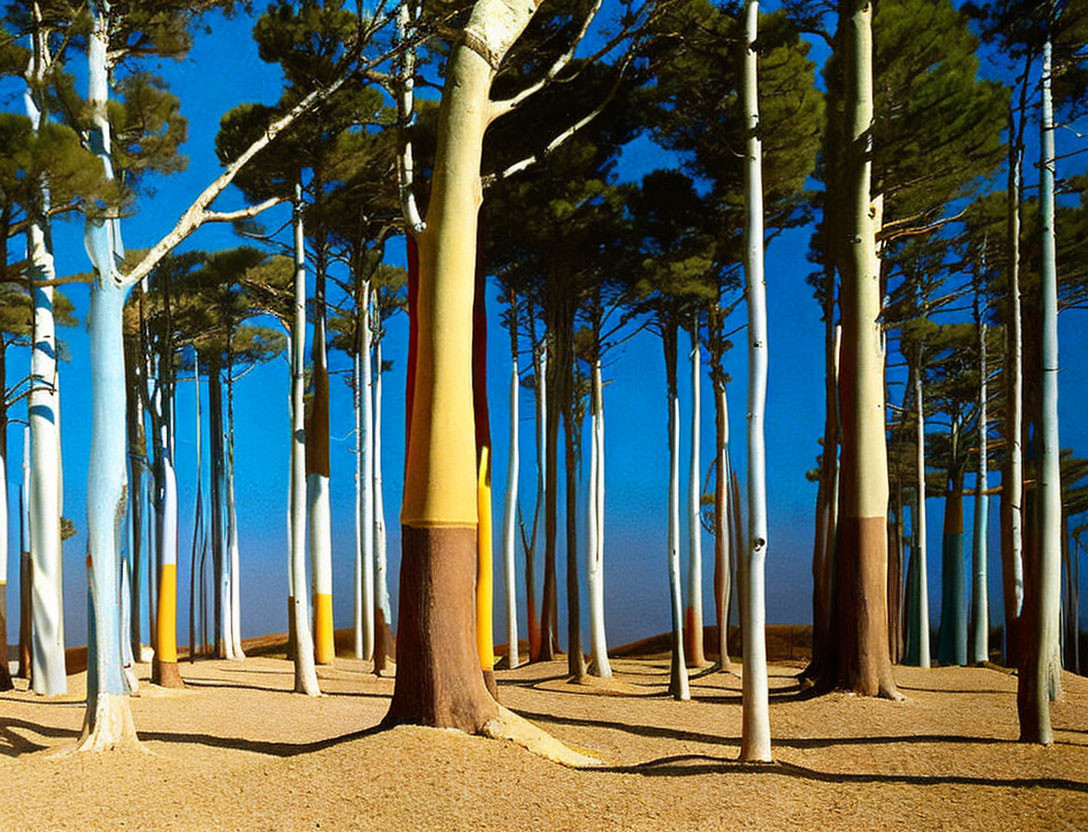 Colorful forest landscape with painted tree trunks and sandy ground