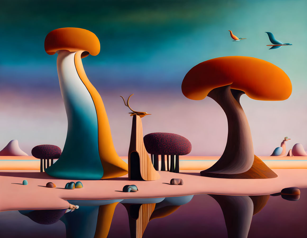 Vibrant surreal landscape with oversized mushrooms and birds on mirrored surface