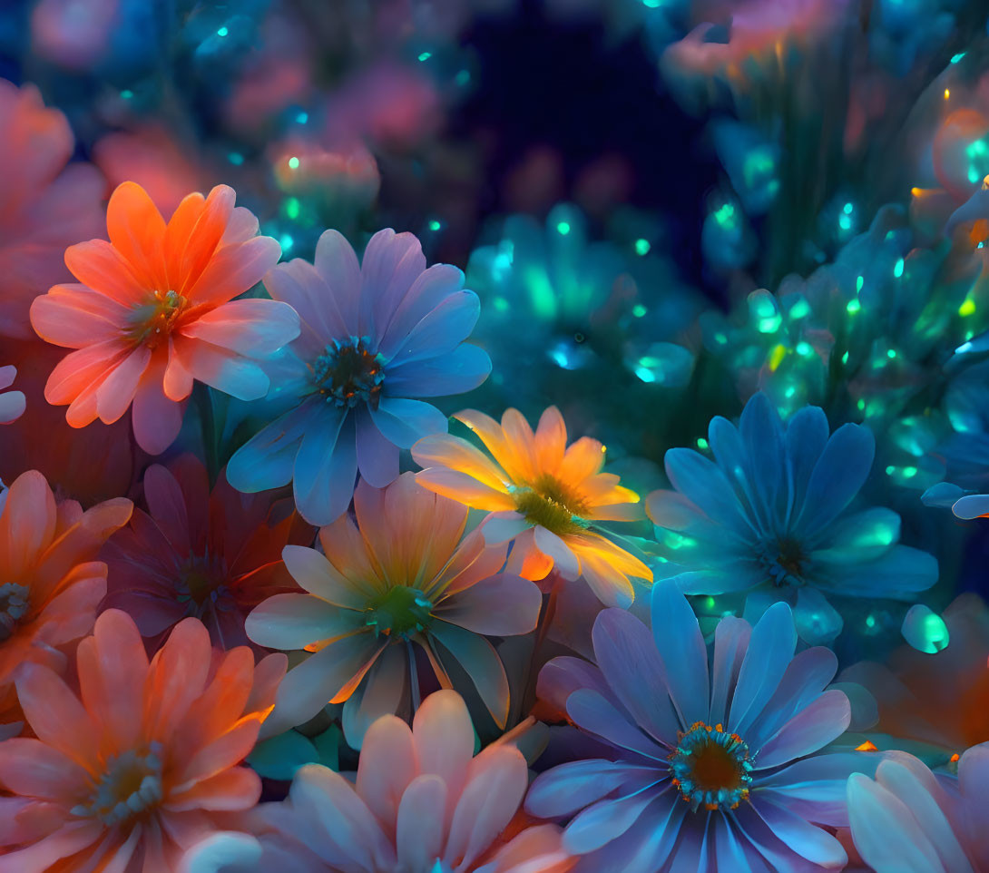Colorful Flowers in Orange, Blue, and Yellow Hues Under Soft Ethereal Light