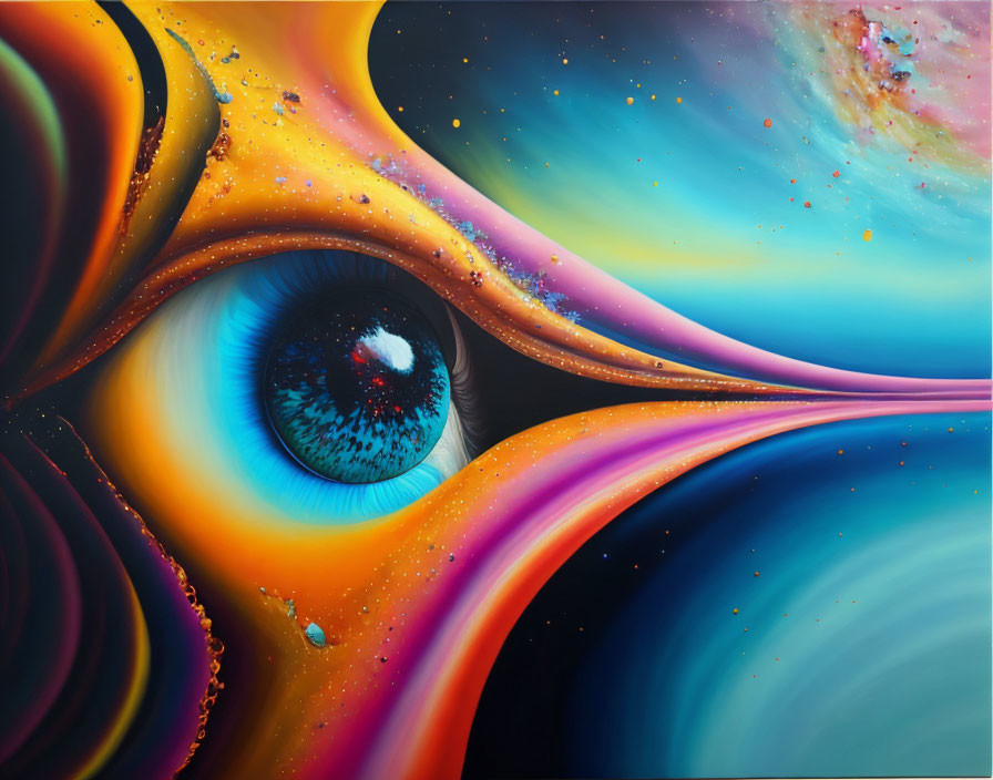 Detailed surreal painting: human eye with cosmic elements and vibrant abstract shapes