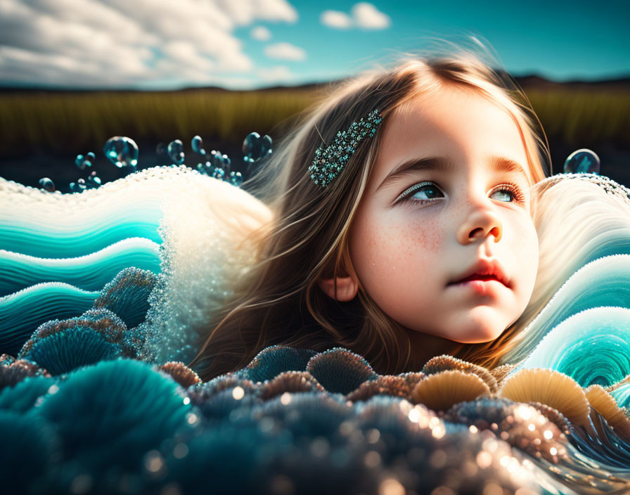 Dreamy girl surrounded by vibrant patterns and bubbles under sunset sky