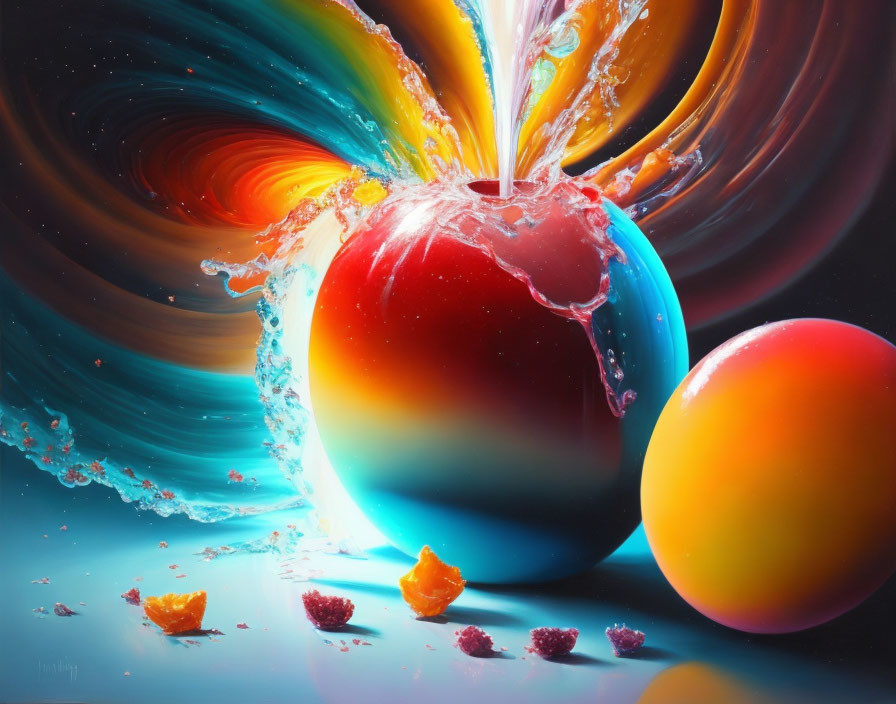 Rainbow Apple with Water Splashes and Glossy Sphere