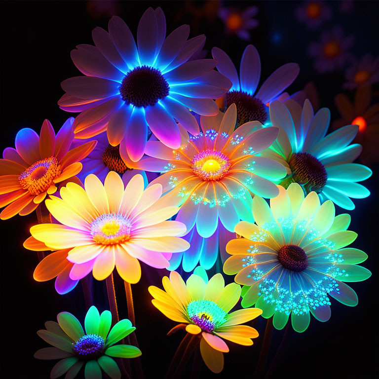 Neon-colored artificial daisies on dark background