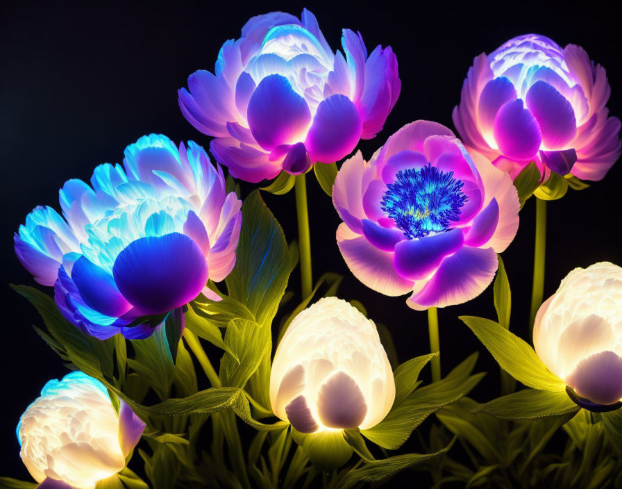 Vibrant Pink, Blue, and White Illuminated Artificial Flowers on Dark Background