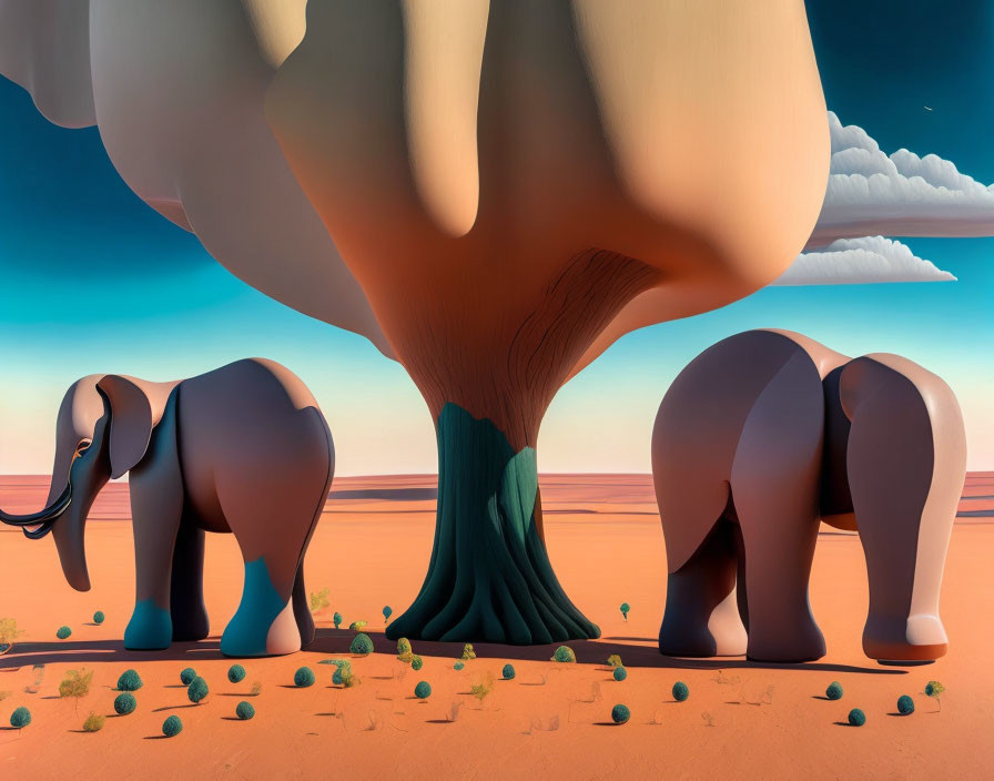 Surreal artwork: Three elephants merge into tree trunk in desert landscape