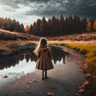 Young girl in coat by calm river in vibrant autumn scene