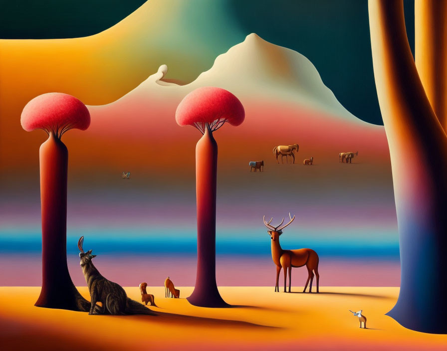 Colorful surreal landscape with stylized trees, animals, stag, and soft mountains
