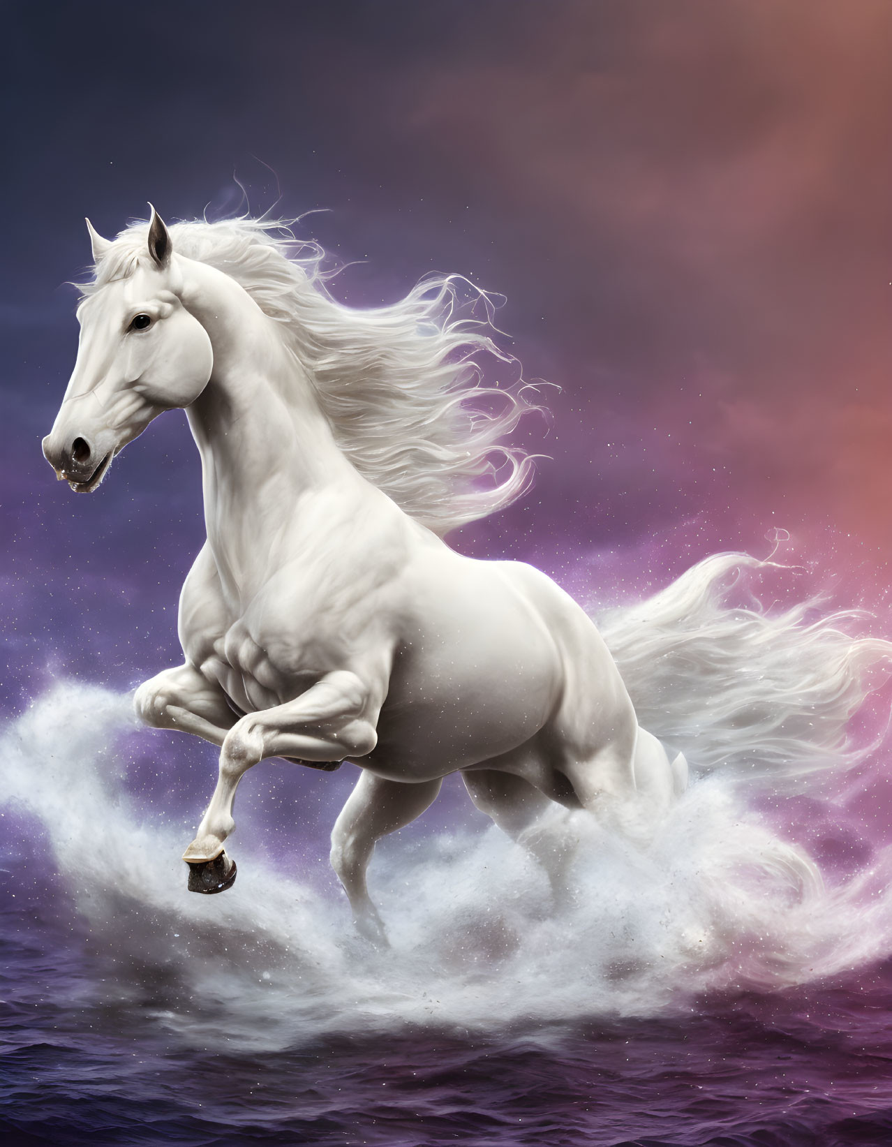 White Horse Galloping Through Purple and Pink Sky