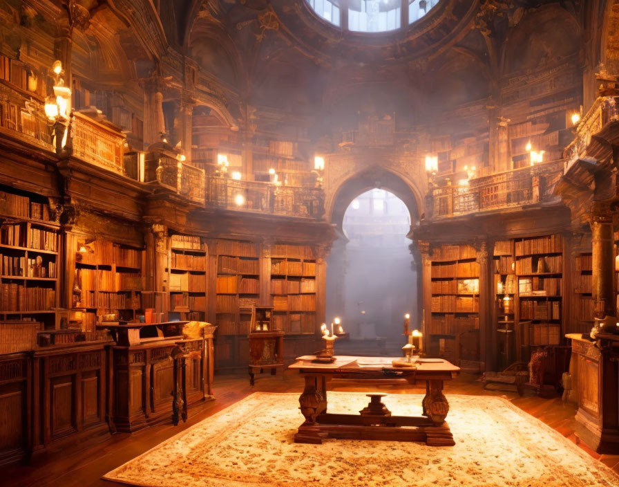 Old library with candlelit tables and wooden bookshelves
