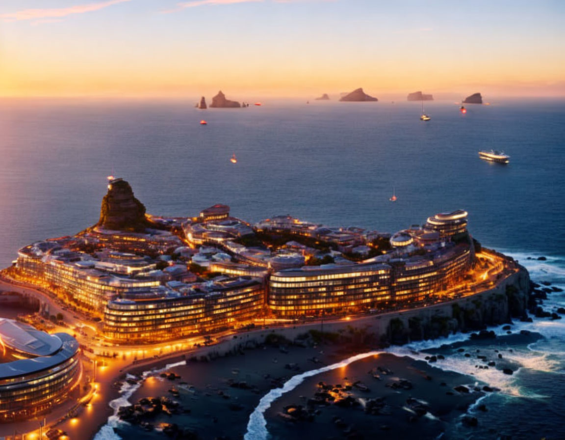 Futuristic coastal resort at dusk with ships and rocky islets