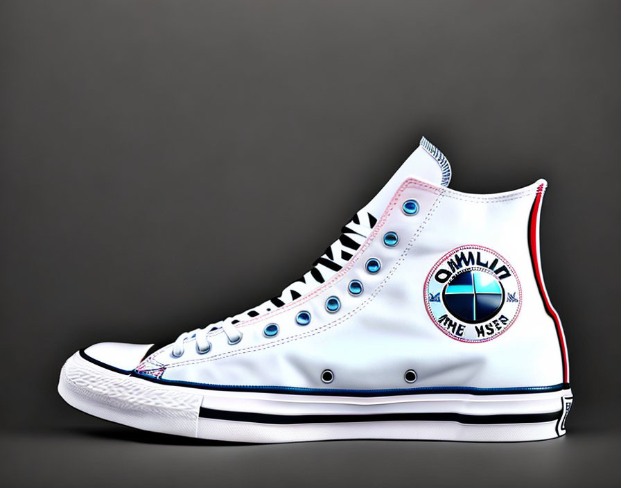 White Canvas High-Top Sneaker with Blue Accents on Grey Background