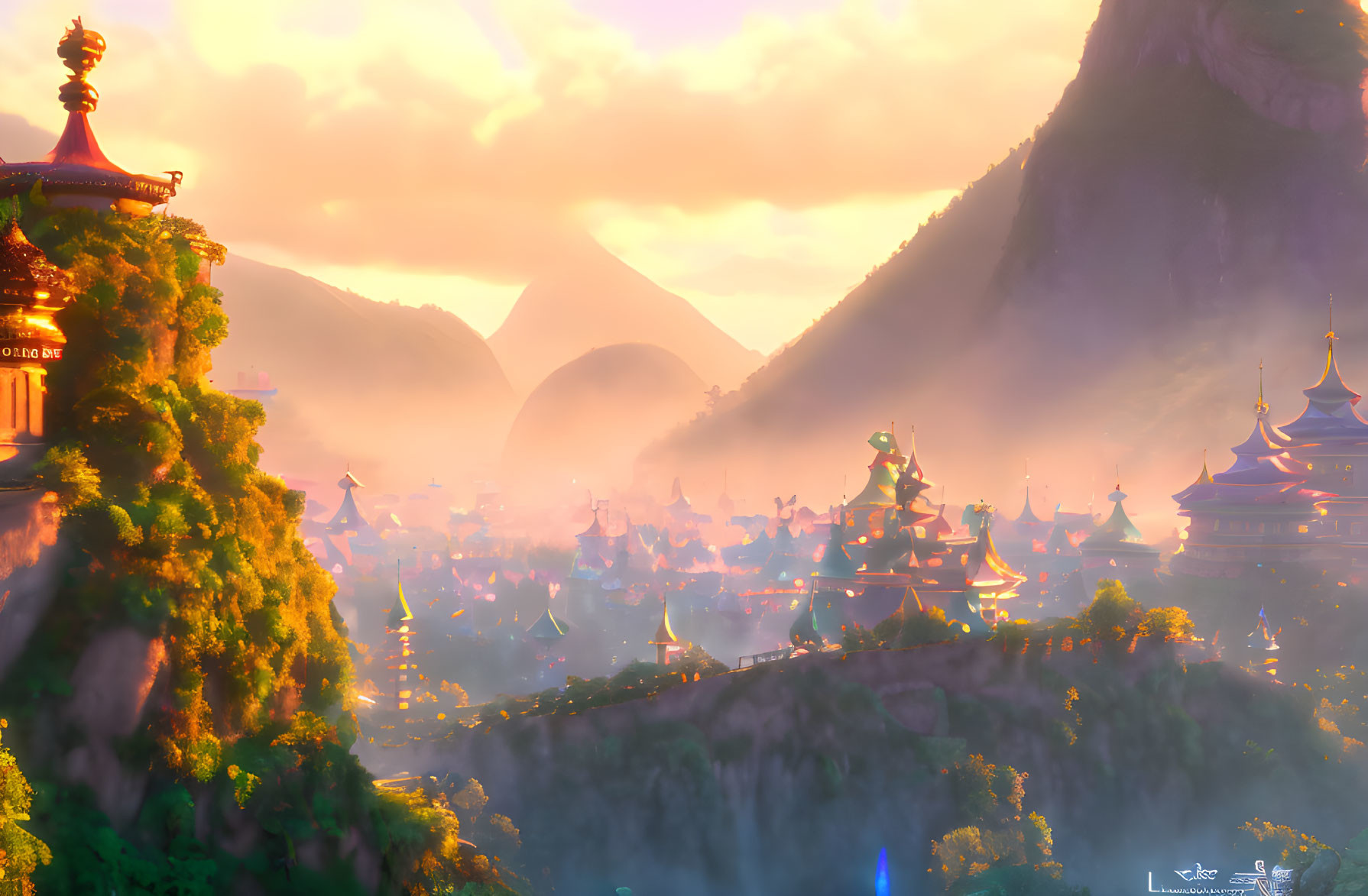 Enchanting Valley with Pagoda-Style Buildings and Misty Peaks at Sunset