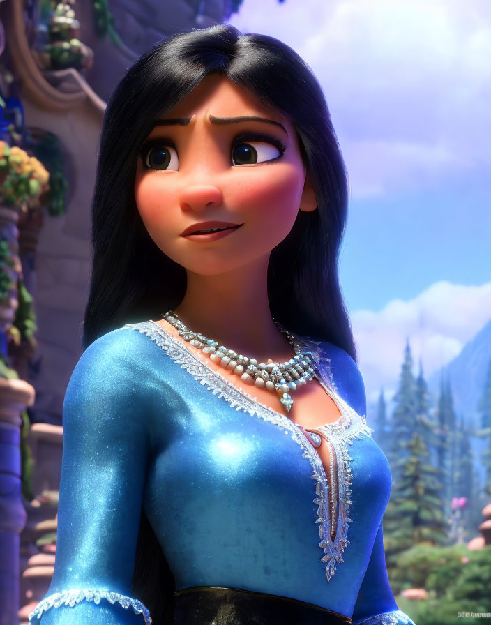 Long-Haired Animated Character in Blue Dress Under Sunny Sky