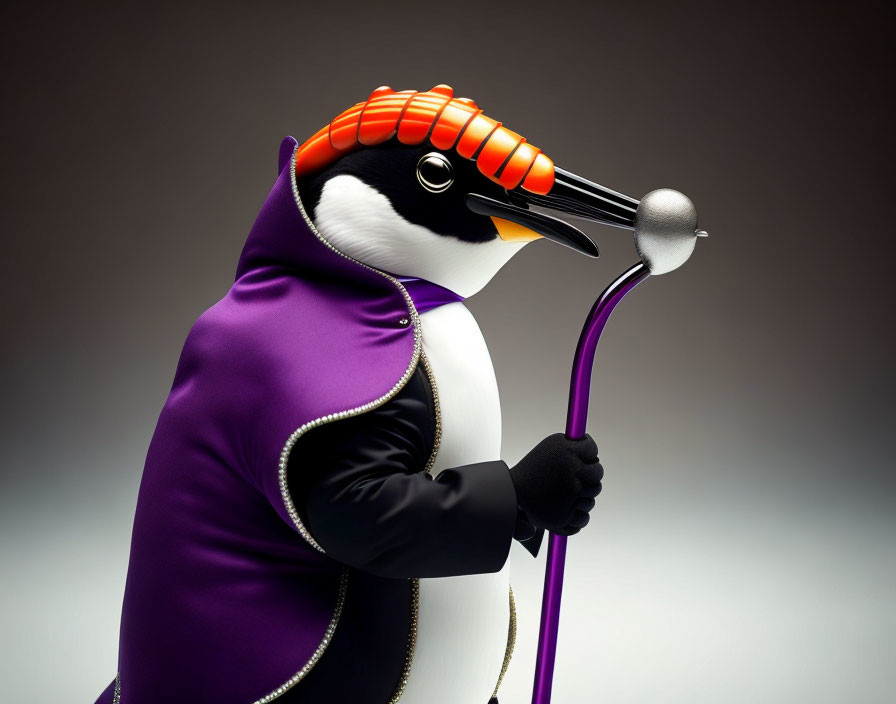 Stylized anthropomorphic penguin in regal attire with scepter