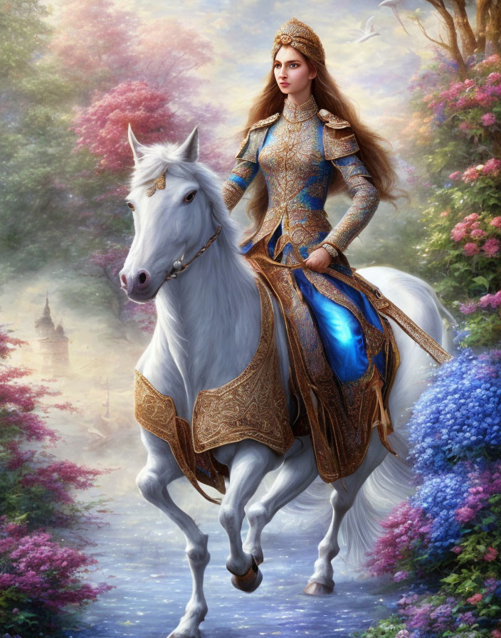 Medieval armor-clad woman on white horse in fantastical landscape.