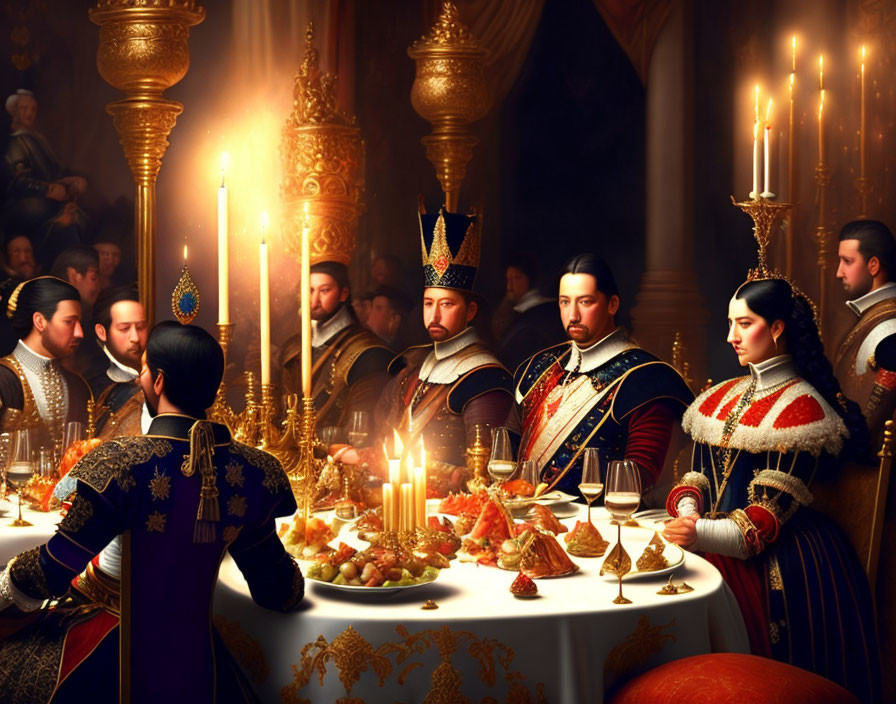 Royal banquet scene with glowing candles and opulent attire.