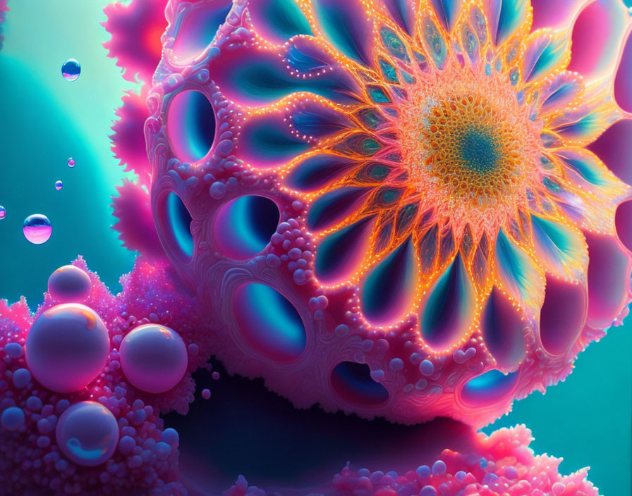 Abstract digital artwork of vibrant organism in pink, blue, and orange