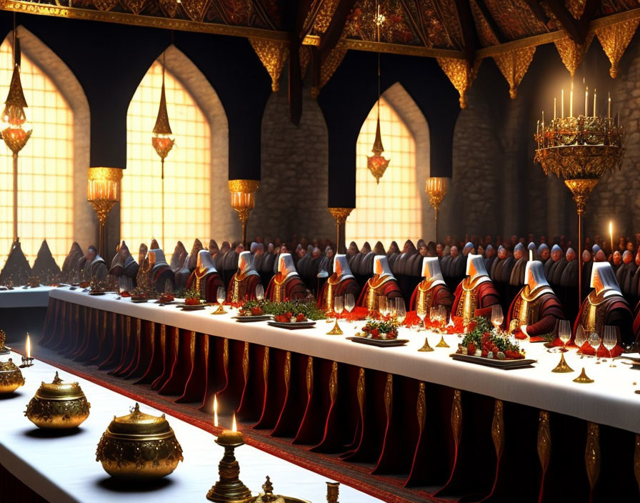 Medieval banquet hall with long table, chandeliers, windows, and guests in period attire.