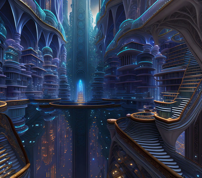 Futuristic cityscape with towering blue-lit buildings