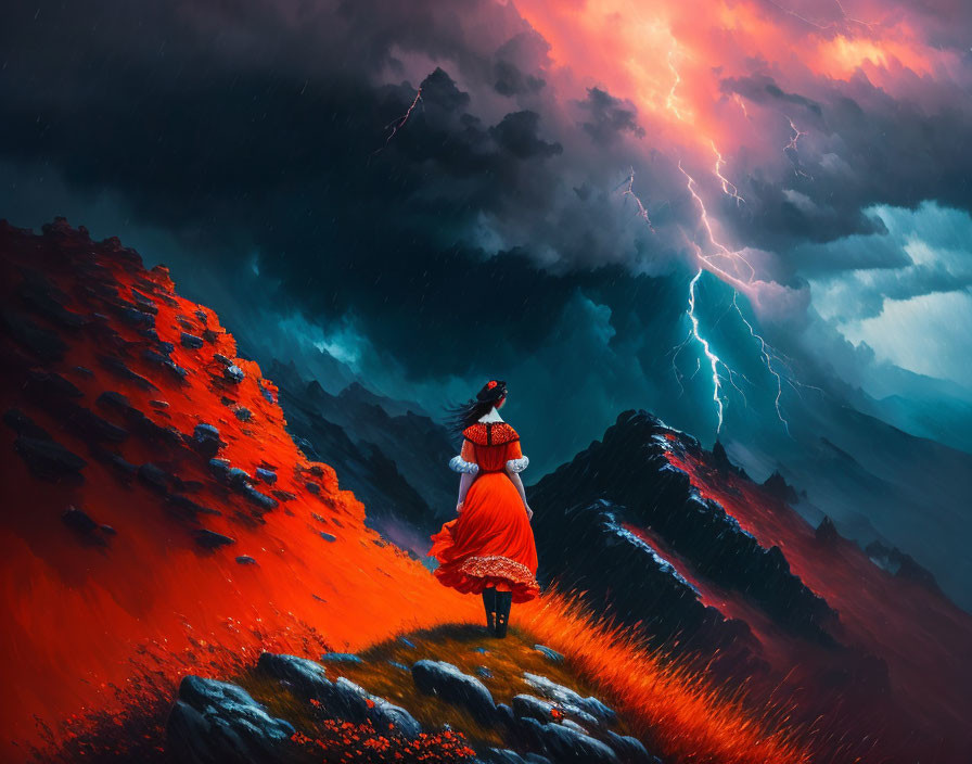 Person in red dress on rocky cliff with stormy sky and lightning