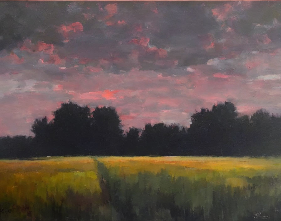 Vibrant painting: Field under dramatic sunset sky