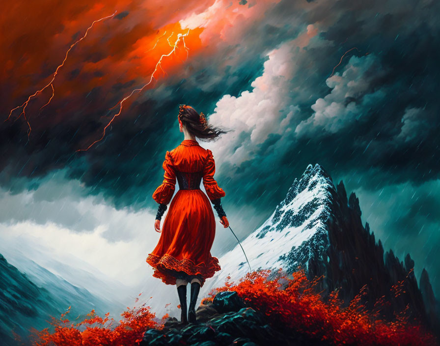 Woman in red dress gazes at stormy mountain scene