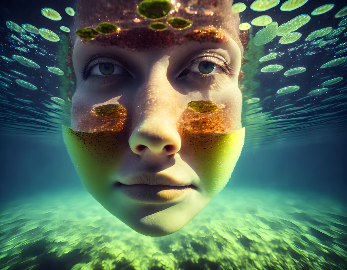 Person underwater surrounded by bubbles and sunlight with algal patches.