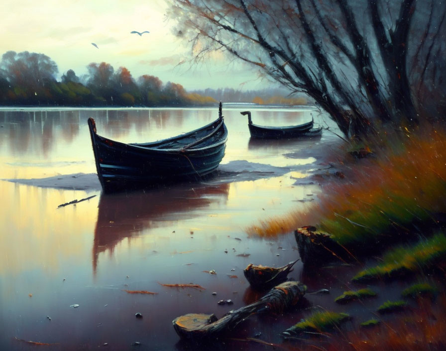 Tranquil dusk lake scene with moored boats, reflective water, trees, and flying birds