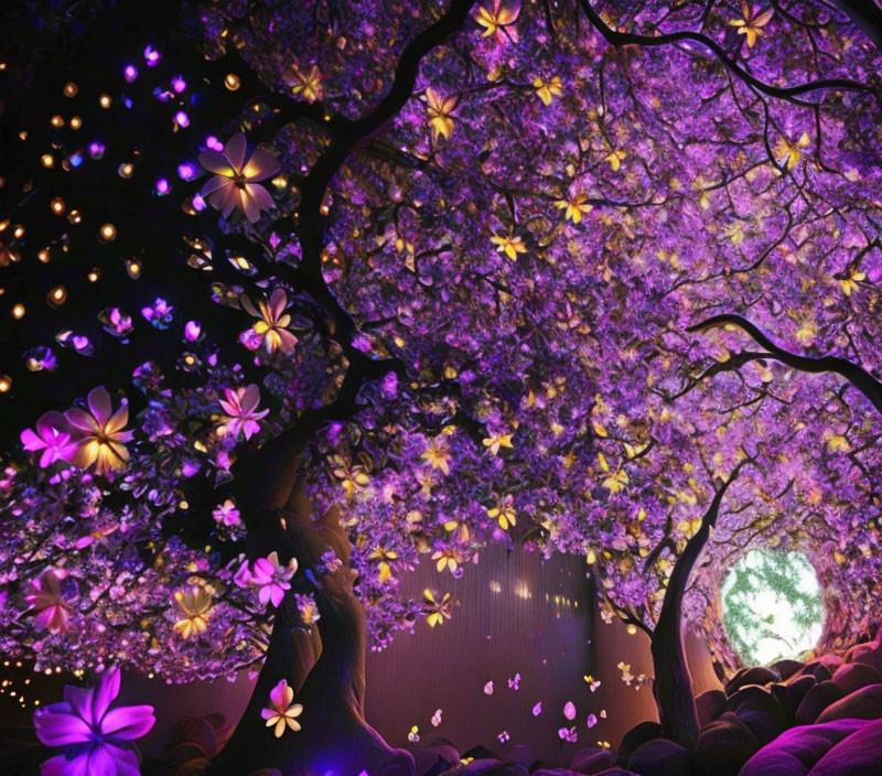 Enchanted twilight forest with purple foliage and glowing flowers