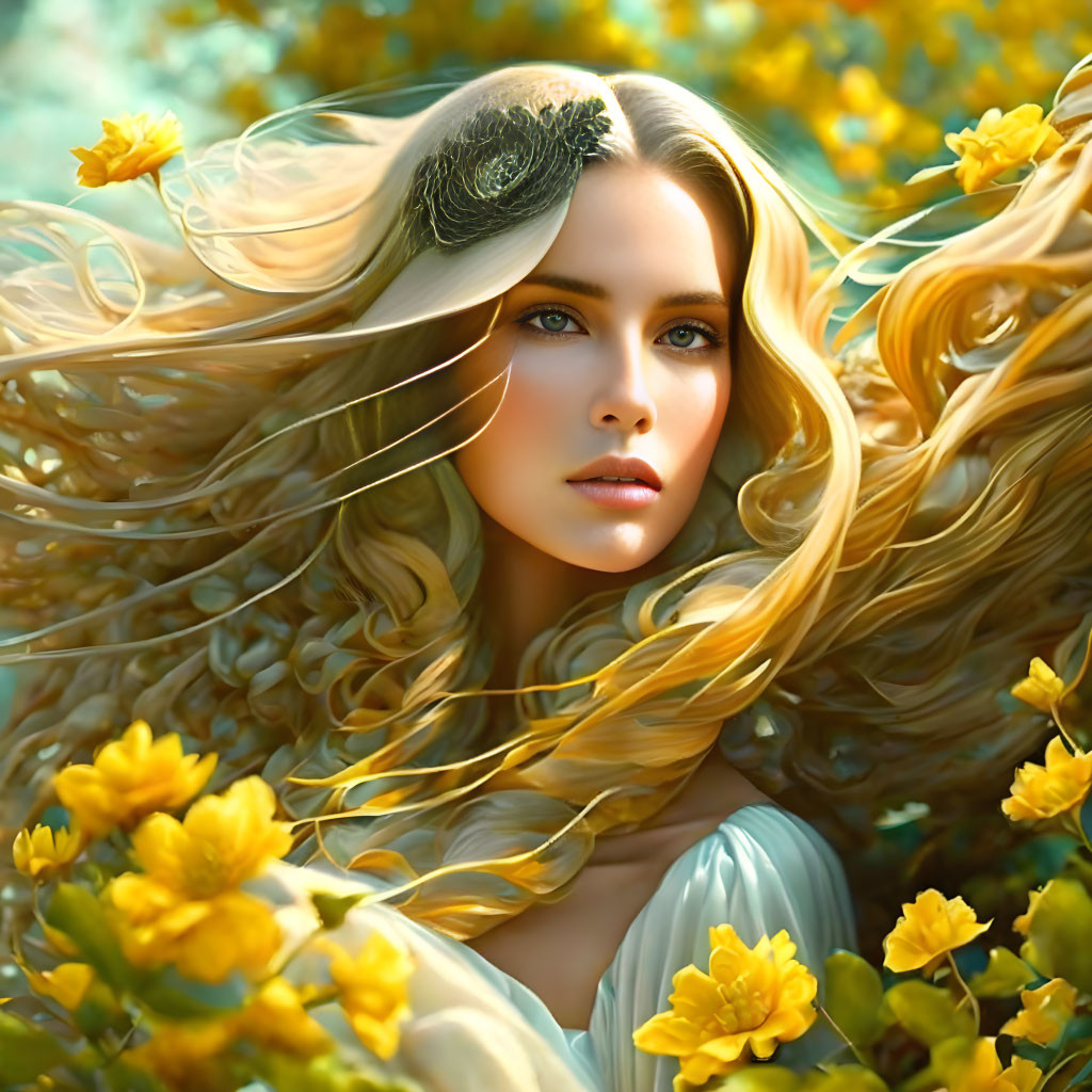 Illustration of woman with golden hair and blue eyes in sunny floral setting