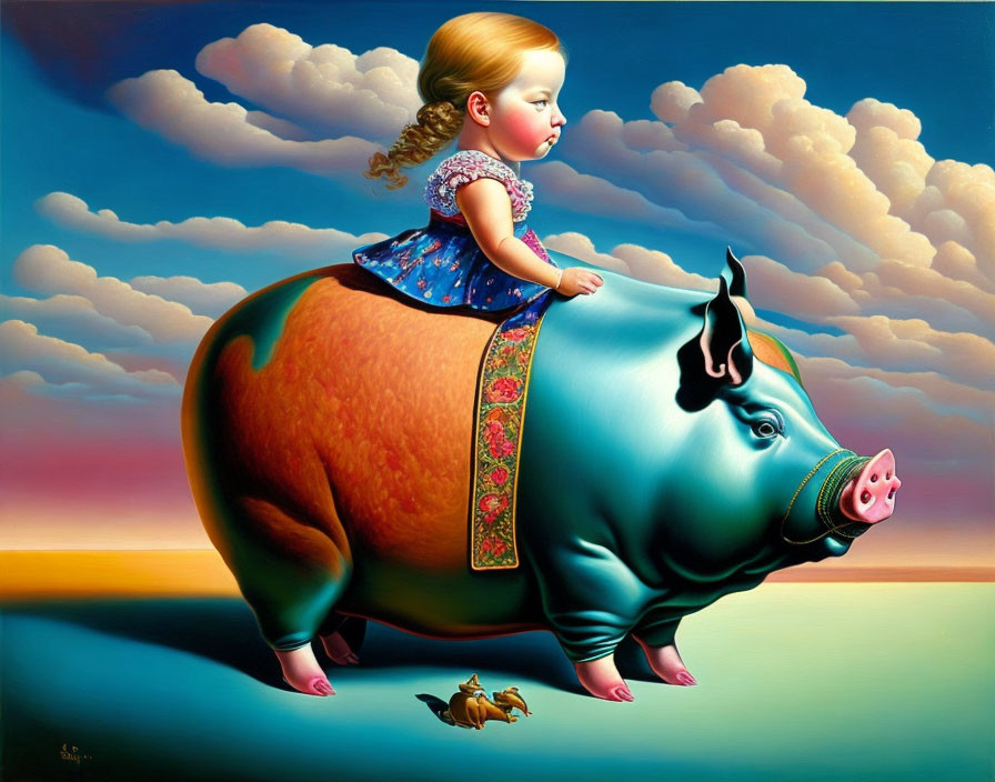 Young girl and pig admiring bird under bright sky