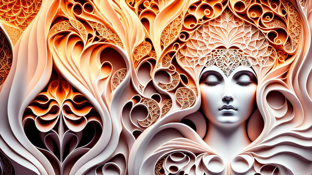 Stylized woman's face with decorative headdress in intricate digital artwork