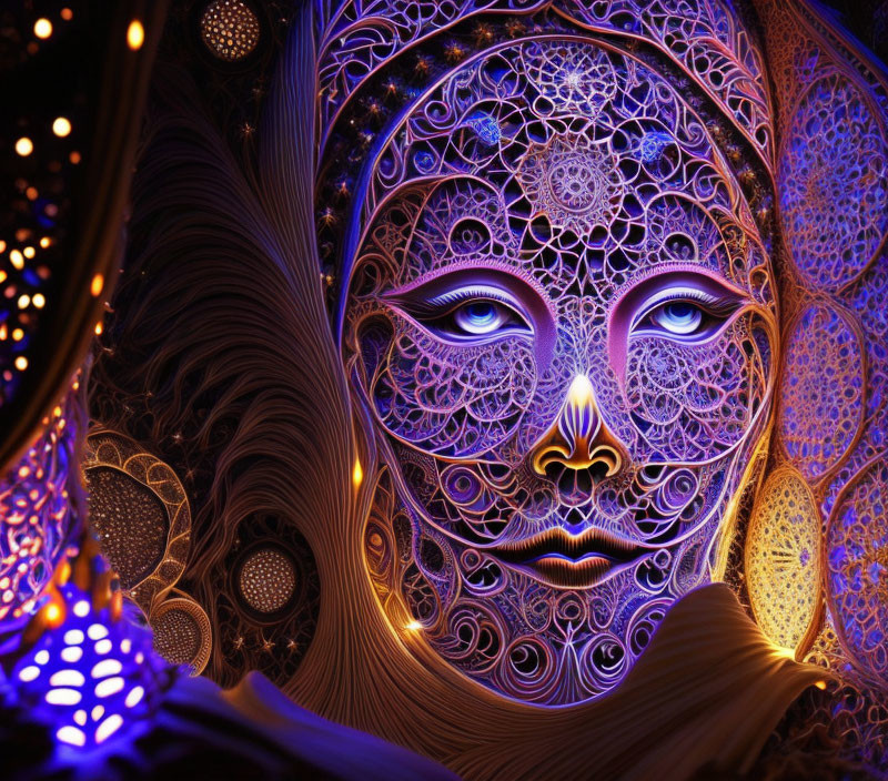 Colorful digital artwork of stylized female face with intricate patterns in blue and gold.