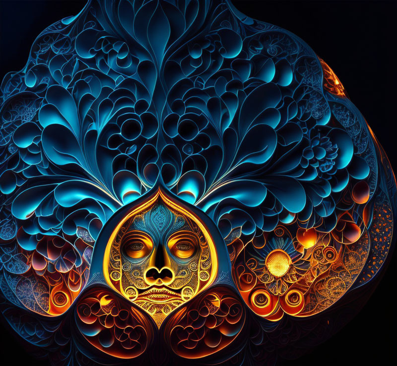 Colorful digital artwork: ornate mask centerpiece, intricate patterns, glowing floral designs on dark backdrop