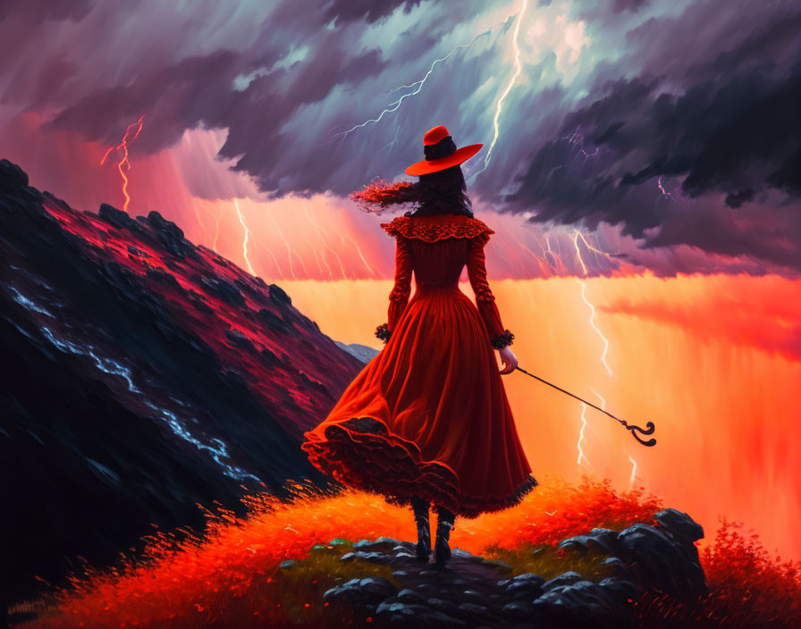 Woman in red dress and hat on cliff with dramatic sky and lightning