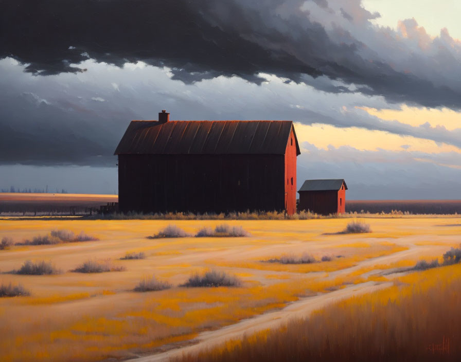 Serene landscape with dark barn and red outbuilding in golden fields at dusk