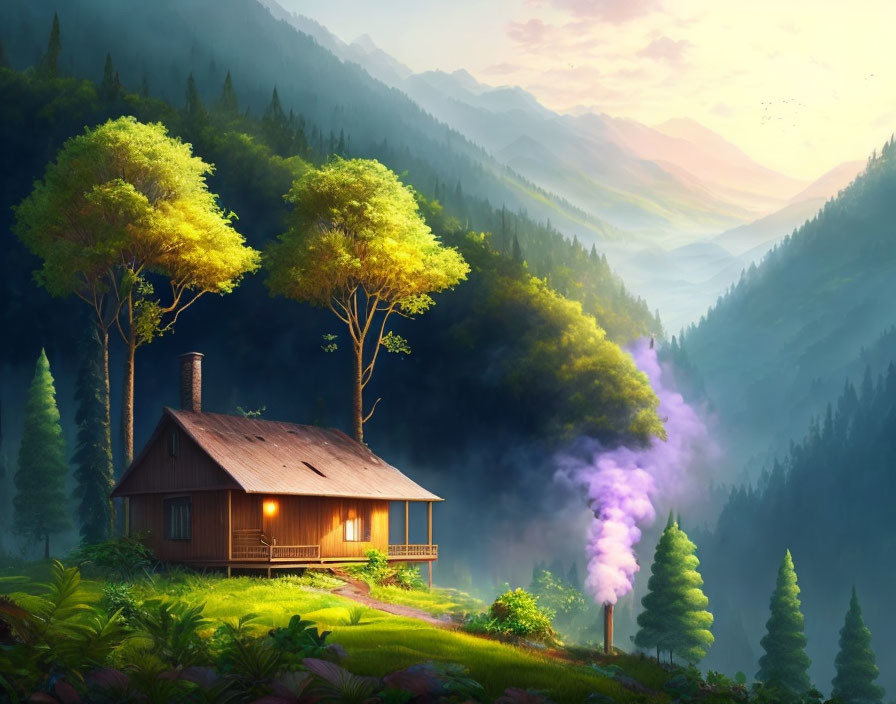 Tranquil sunrise scene with cabin, greenery, and distant mountains