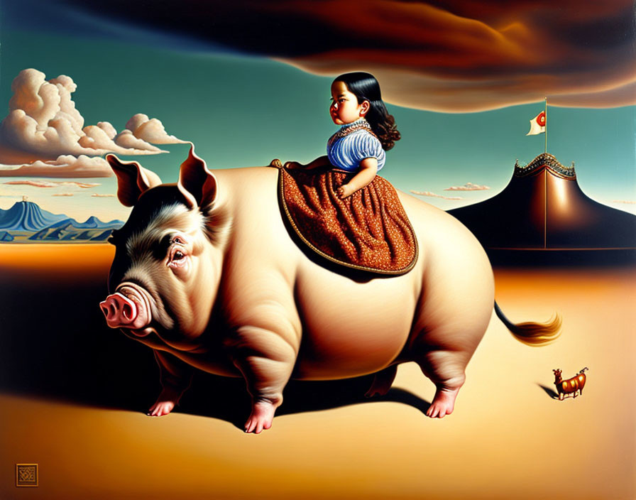 Surreal painting: Young girl in traditional dress riding oversized pig