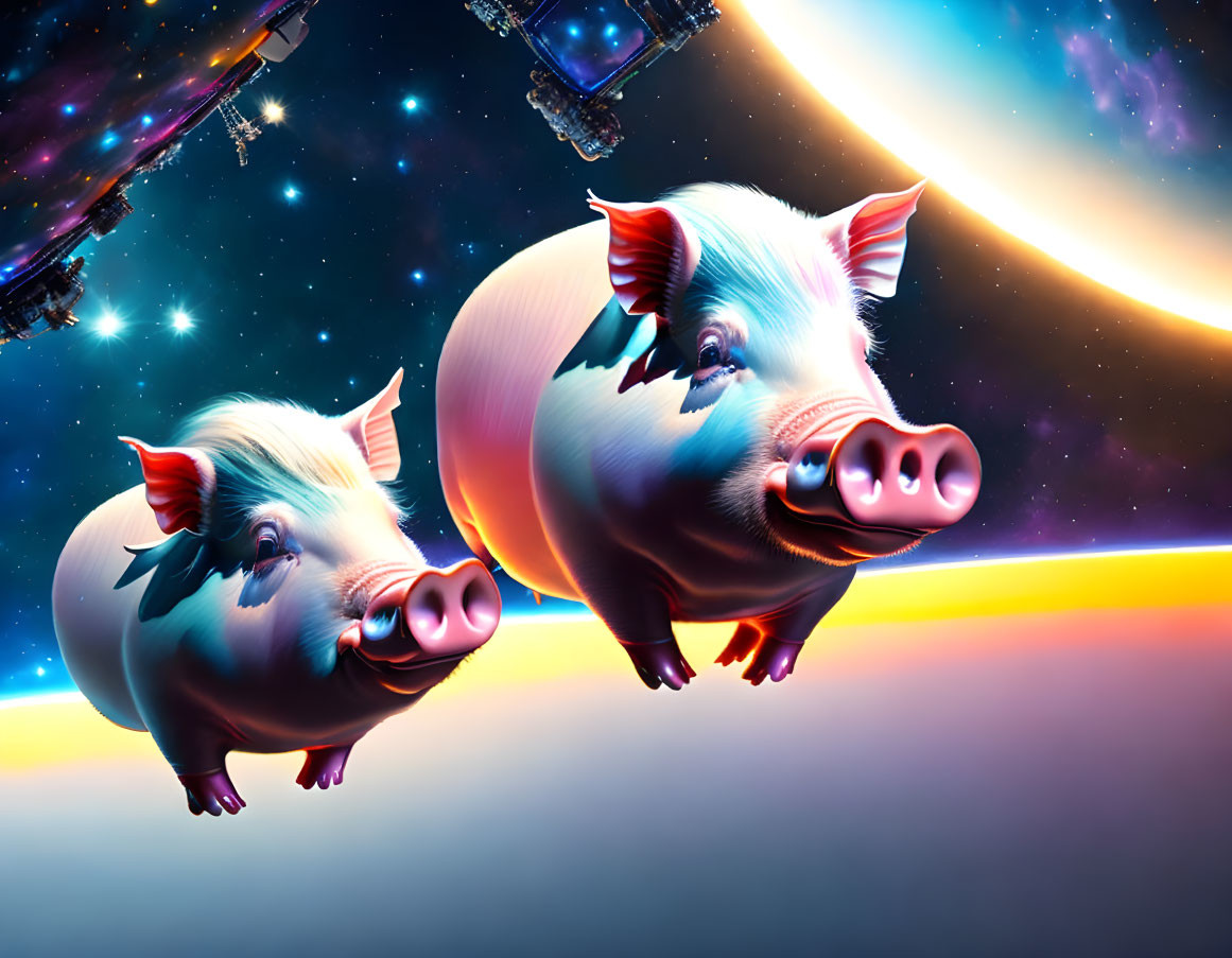 Cartoon pigs with wings in space with colorful nebula.